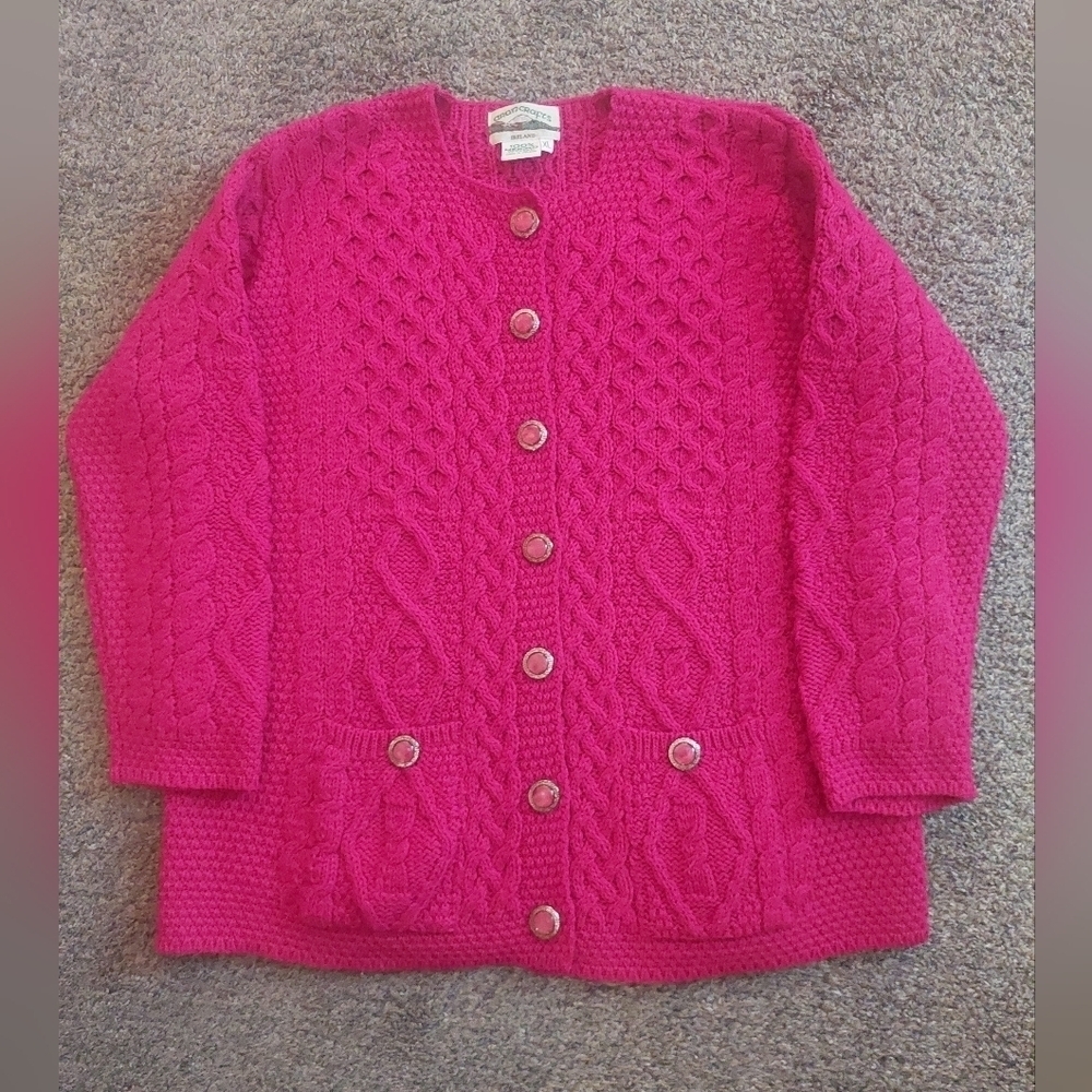 Vintage Chunky Cable Knit Pink Cardigan sweater Made in Ireland XL Cabincore